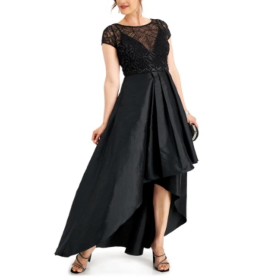JKara Black Evening Gown Beaded Satin and Lace High Low Formal Ball Gown Size 4